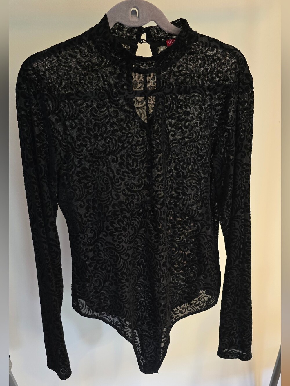 GUESS Black Floral Long Sleeve Mock Neck Sheer Stretch Bodysuit Size XL